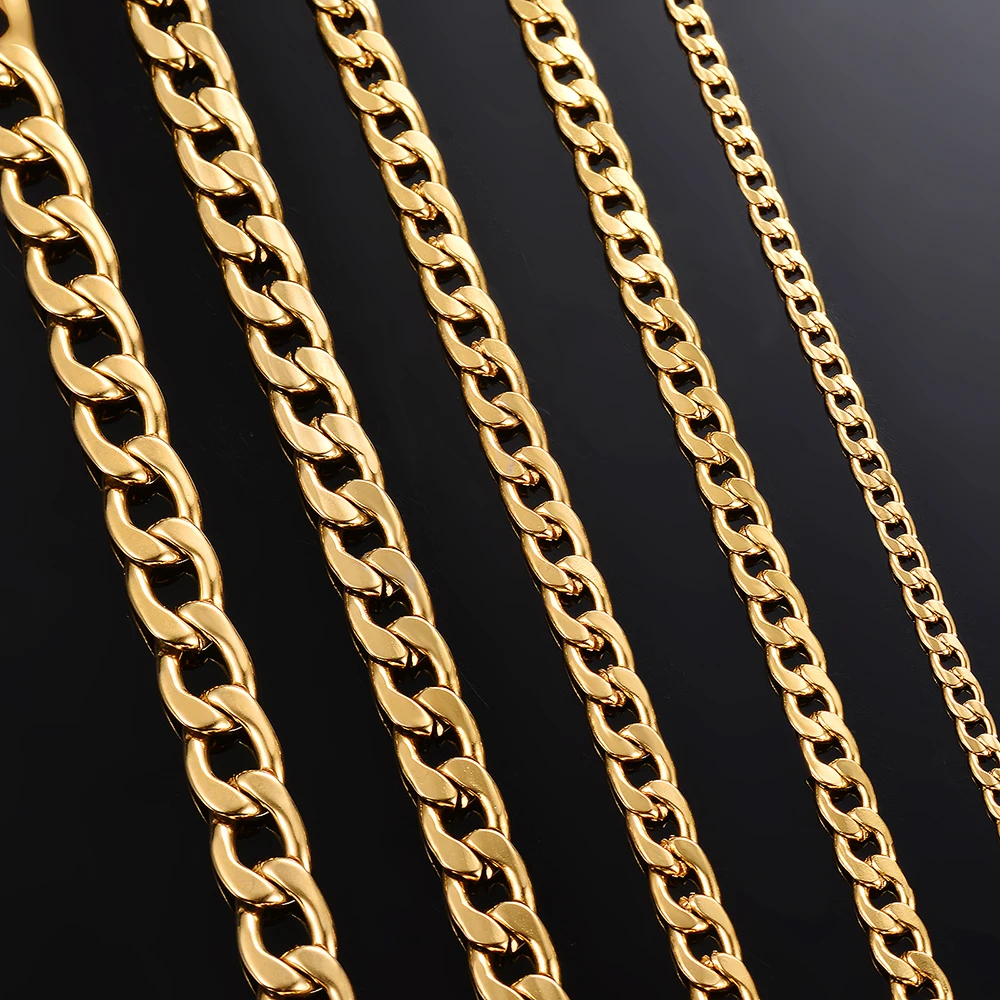 1 Meter/lot Gold Color Flat Curb Chain Necklace 3mm-9.5mm Stainless Steel Curb Link Chain for DIY Jewelry Making Bulk Chain