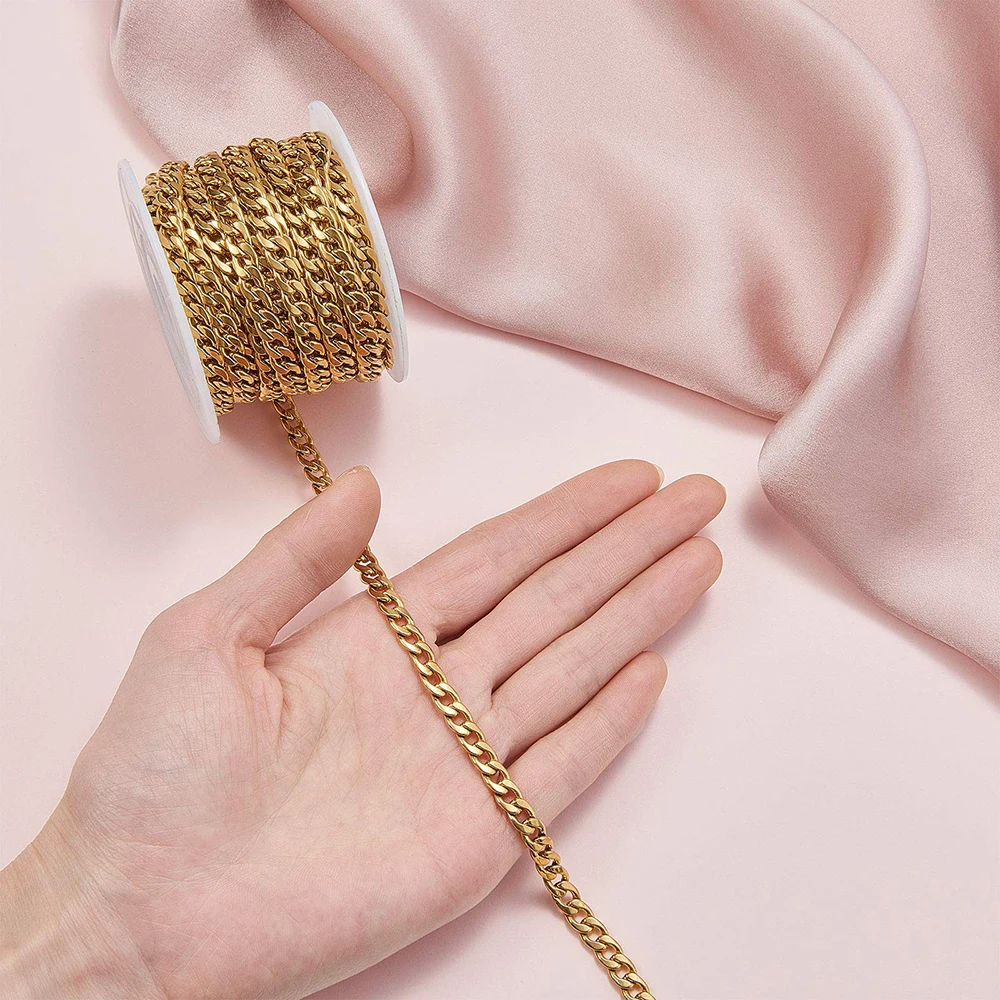 1 Meter/lot Gold Color Flat Curb Chain Necklace 3mm-9.5mm Stainless Steel Curb Link Chain for DIY Jewelry Making Bulk Chain
