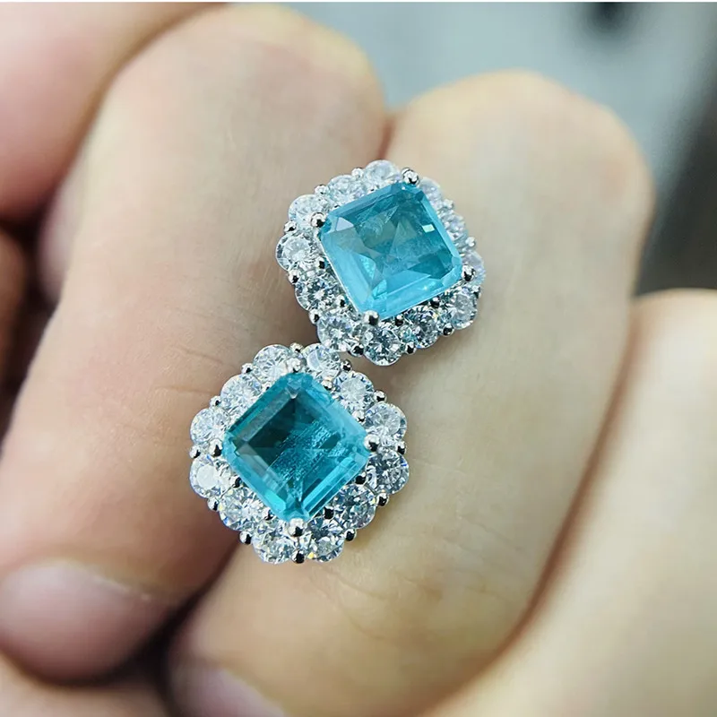 925 Sterling Silver Green Earrings for Women Charm Luxury 12mm Paraíba Tourmaline Earring Fashion Jewelry Accessories New Bijoux