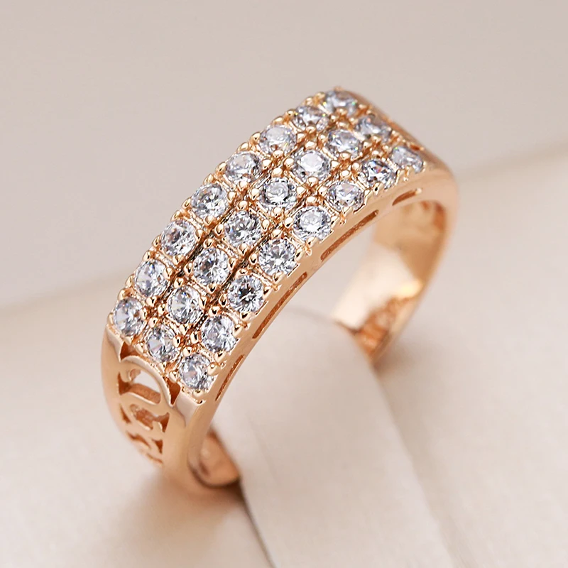 Kinel New 585 Rose Gold Ring Women Three Rows Micro-wax Inlay Natural Zircon Hollow Trendy Rings Fine Wedding Party Jewelry 2021