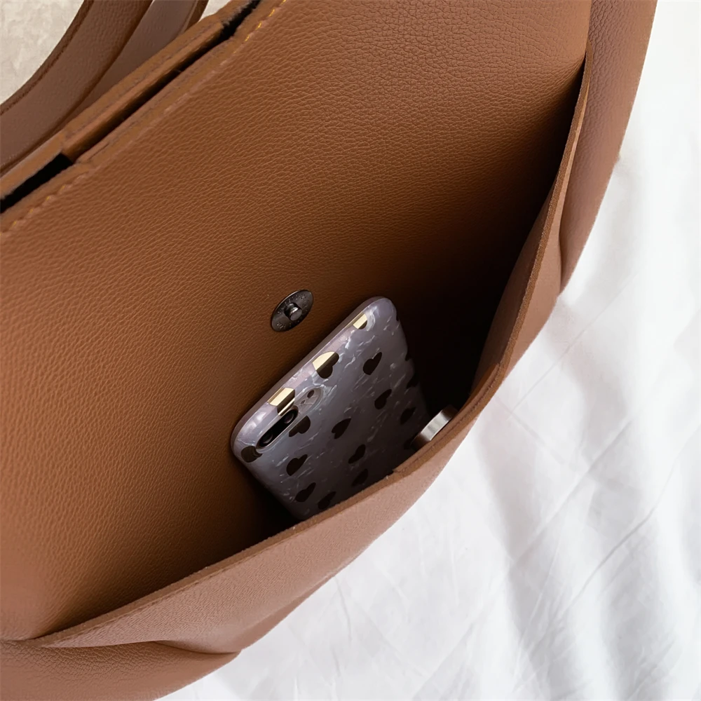 High Quality Soft Leather Woman Casual Tote Shopper Solid Color Handbags Large Capacity Single Shoulder Bag with Outer Pocket