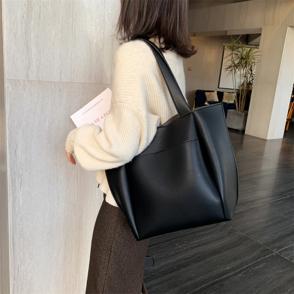High Quality Soft Leather Woman Casual Tote Shopper Solid Color Handbags Large Capacity Single Shoulder Bag with Outer Pocket