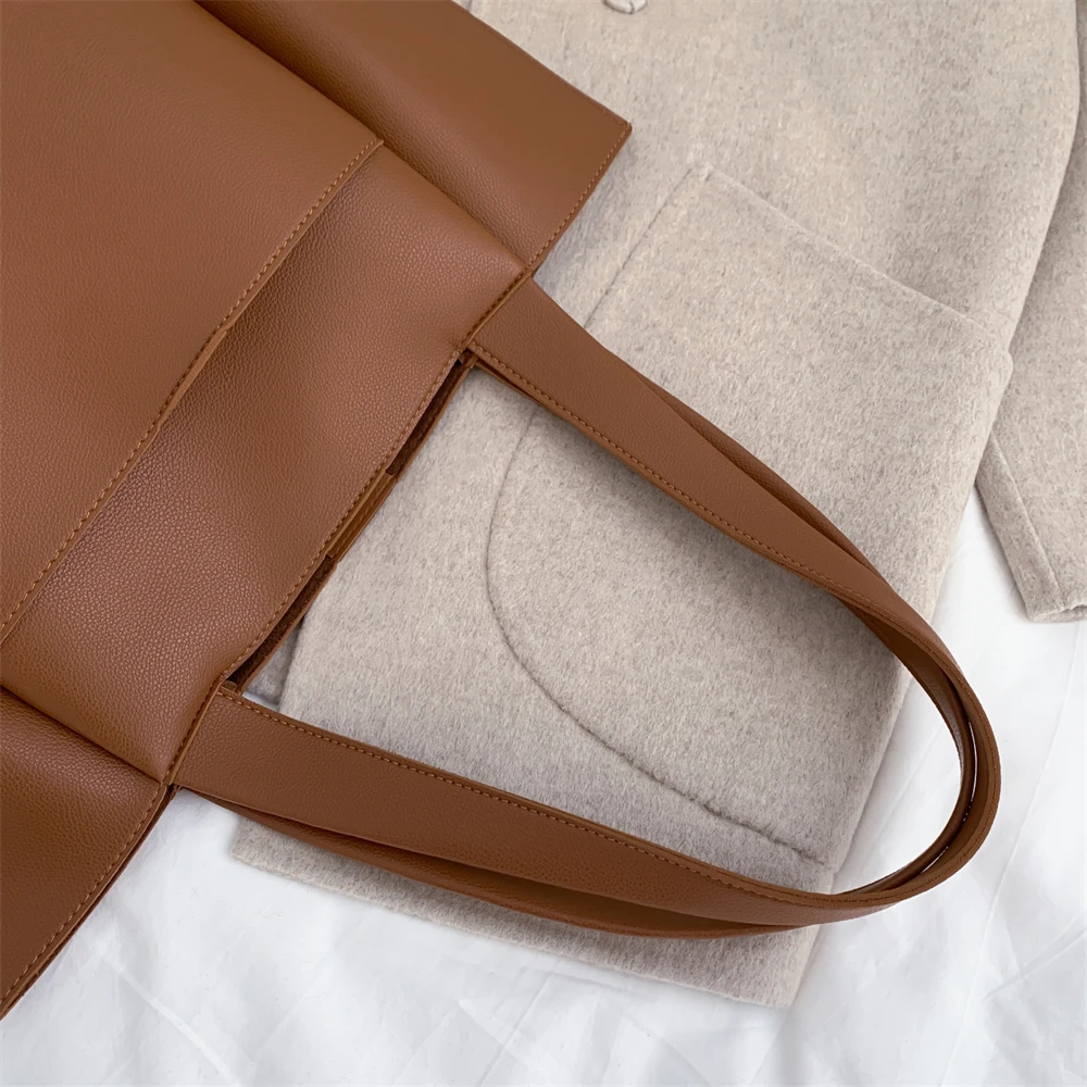 High Quality Soft Leather Woman Casual Tote Shopper Solid Color Handbags Large Capacity Single Shoulder Bag with Outer Pocket