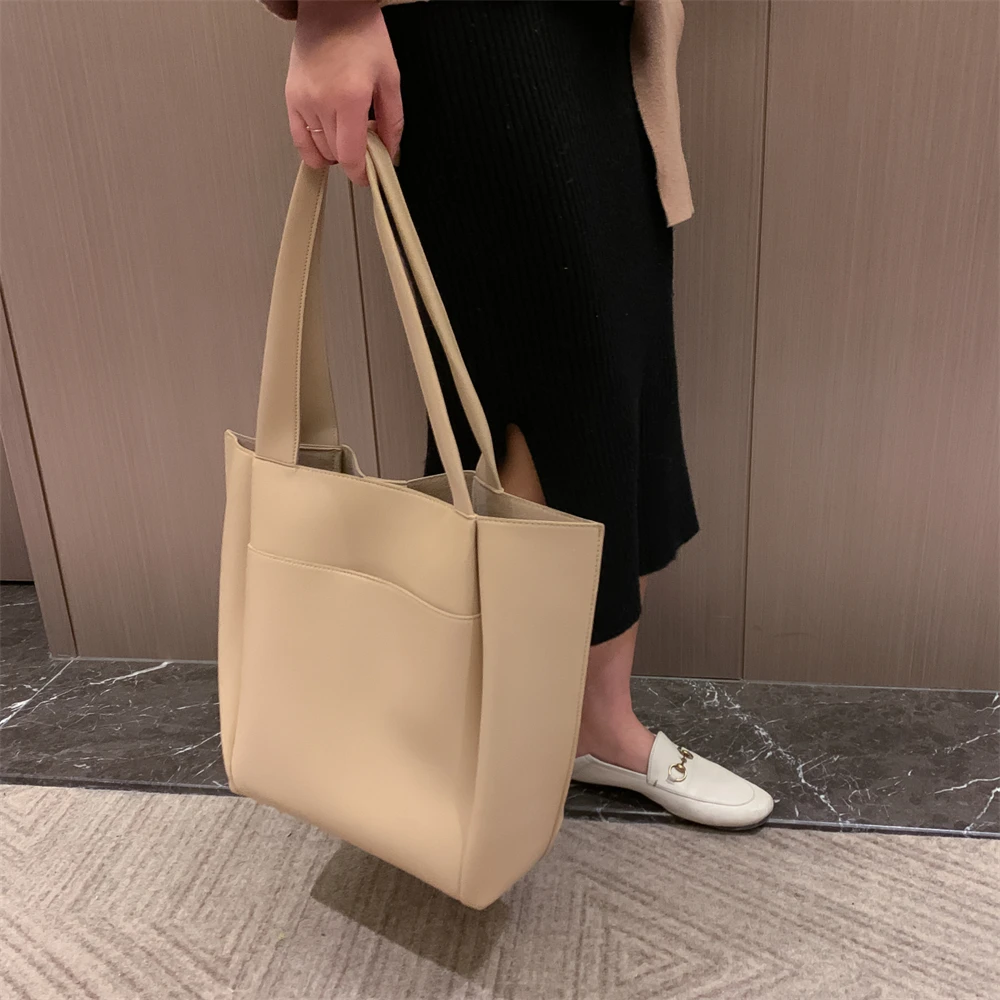 High Quality Soft Leather Woman Casual Tote Shopper Solid Color Handbags Large Capacity Single Shoulder Bag with Outer Pocket