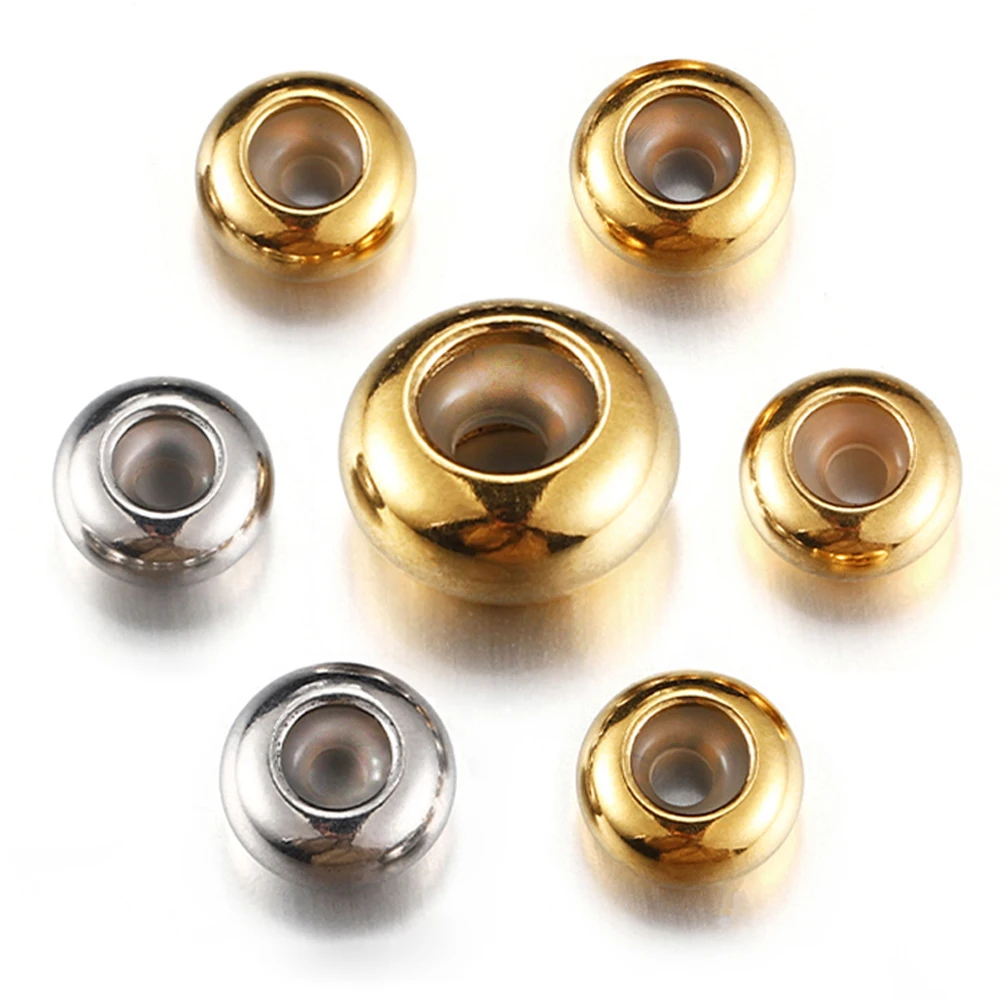 10pcs 6/7/8/10mm Stainless Steel Adjustment Beads with Non-slip Silicone Ring Gold Stopper Spacer Beads for Jewelry Making DIY