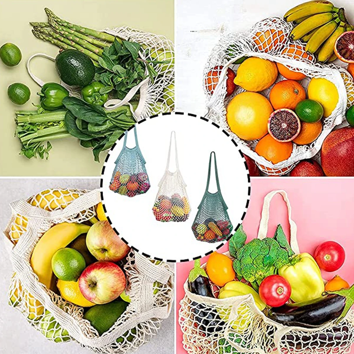 Reusable Grocery Bags Eco-friendly Organic Cotton Mesh Tote Bags Portable Net String Bag for Shopping Storage Fruit Vegetable