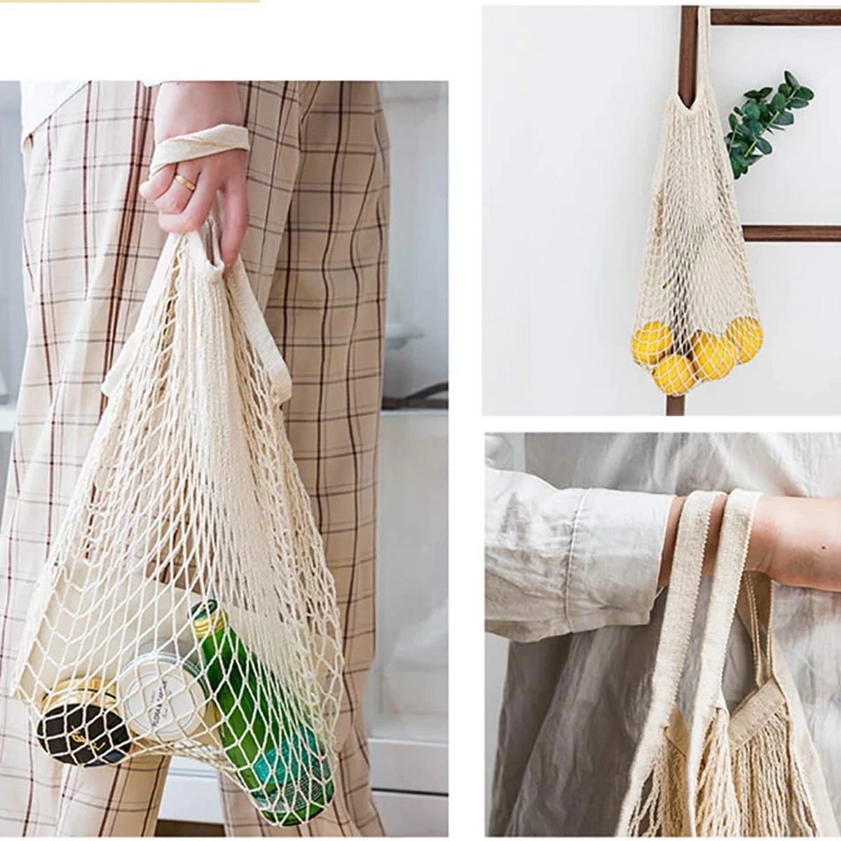 Reusable Grocery Bags Eco-friendly Organic Cotton Mesh Tote Bags Portable Net String Bag for Shopping Storage Fruit Vegetable