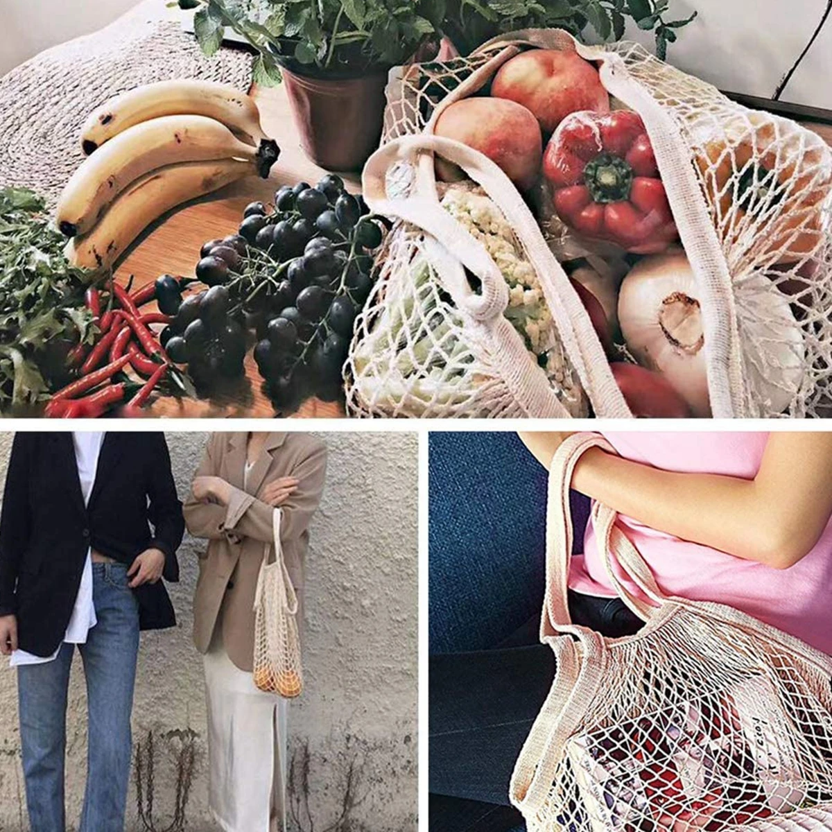 Reusable Grocery Bags Eco-friendly Organic Cotton Mesh Tote Bags Portable Net String Bag for Shopping Storage Fruit Vegetable