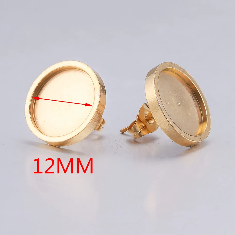 10pcs/lot 6 8 10 12mm Gold Stainless Steel Flat Stud Earring Setting Blank Earring Base Resin Cabochon Tray Diy Jewelry Making