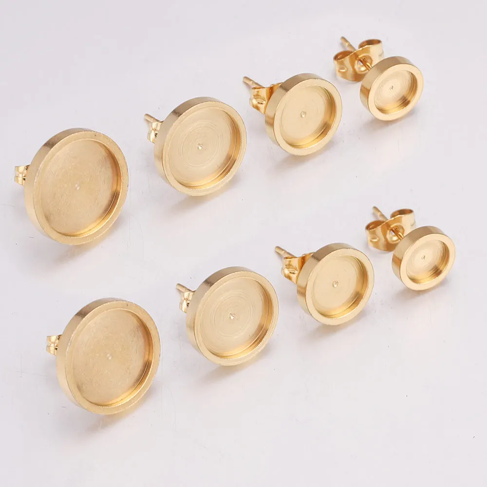 10pcs/lot 6 8 10 12mm Gold Stainless Steel Flat Stud Earring Setting Blank Earring Base Resin Cabochon Tray Diy Jewelry Making