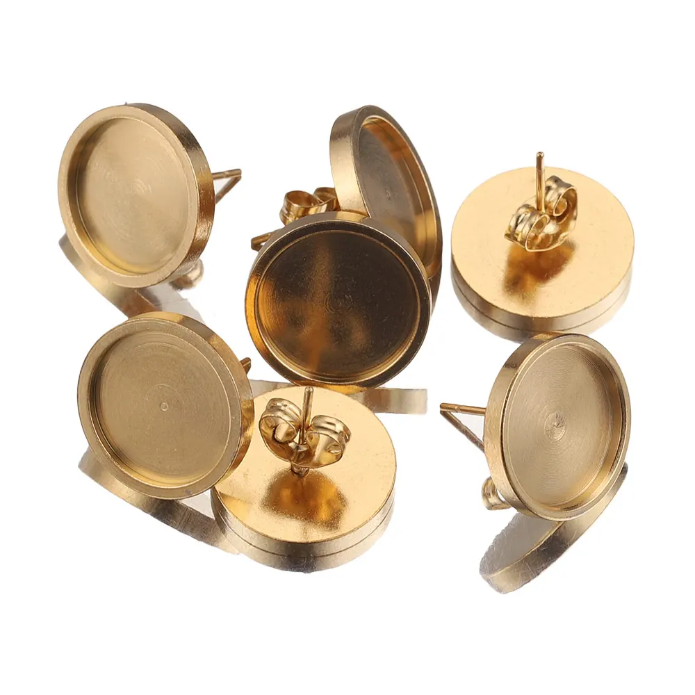 10pcs/lot 6 8 10 12mm Gold Stainless Steel Flat Stud Earring Setting Blank Earring Base Resin Cabochon Tray Diy Jewelry Making