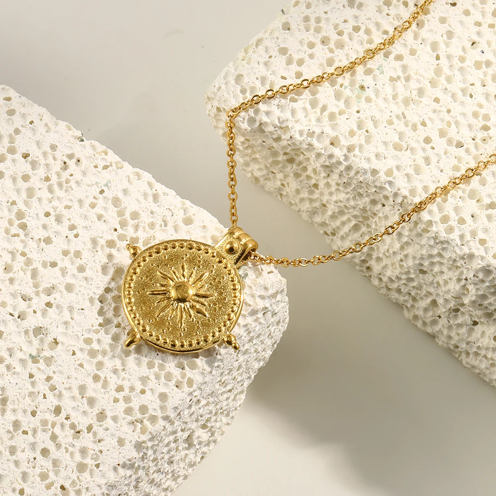 E.B.belle Frosted Surface Acient Sun Compass Pendant Necklace For Woman Ladies New Stee PVD Plated Coin Necklace Gold Jewelry
