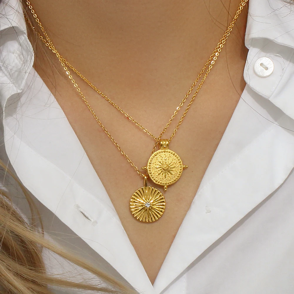 E.B.belle Frosted Surface Acient Sun Compass Pendant Necklace For Woman Ladies New Stee PVD Plated Coin Necklace Gold Jewelry