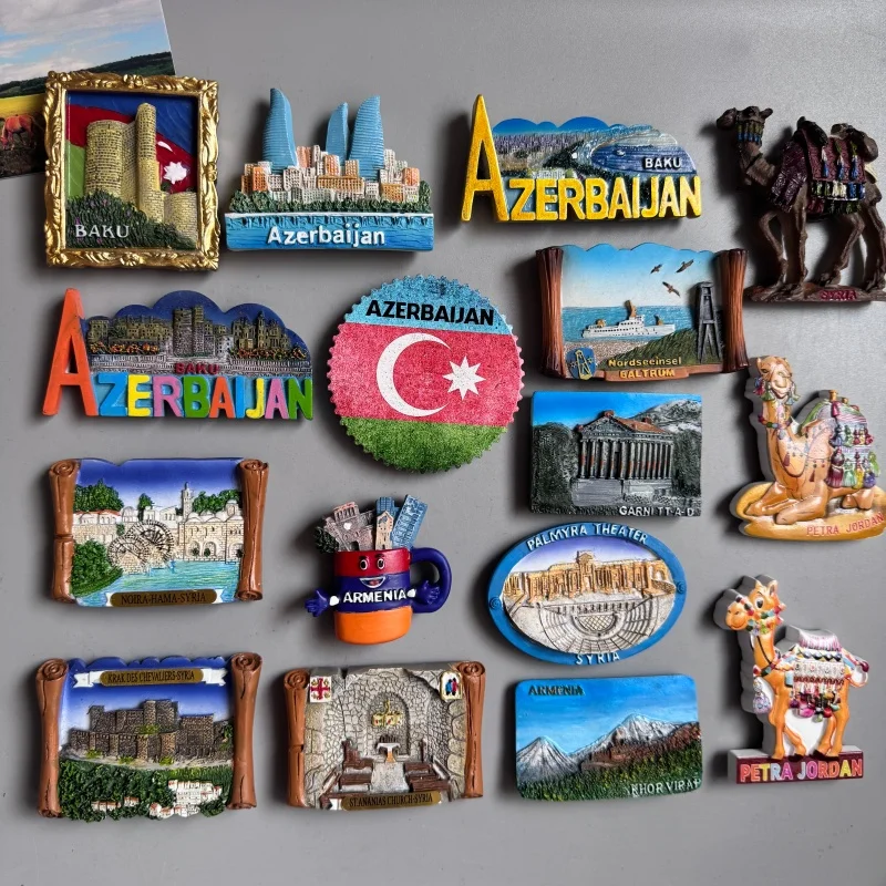 Azerbaijan Fridge Magnets Tourist Souvenir BAKU 3D Resin Magnets Armenia Jordan Collection Travel Gift Home Refrigerators Decor
