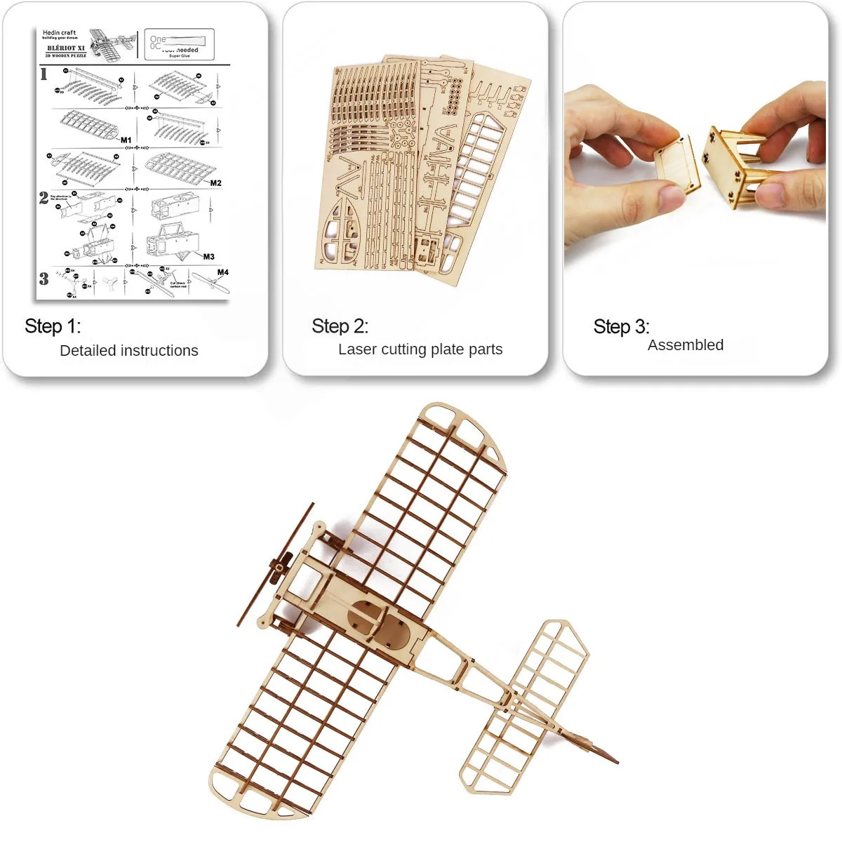 1:72 DIY Wooden Breriot Aircraft Puzzles Drawing Toys for Adult Teens Building Blocks Construction Model Set 3D Retro Plane Gift