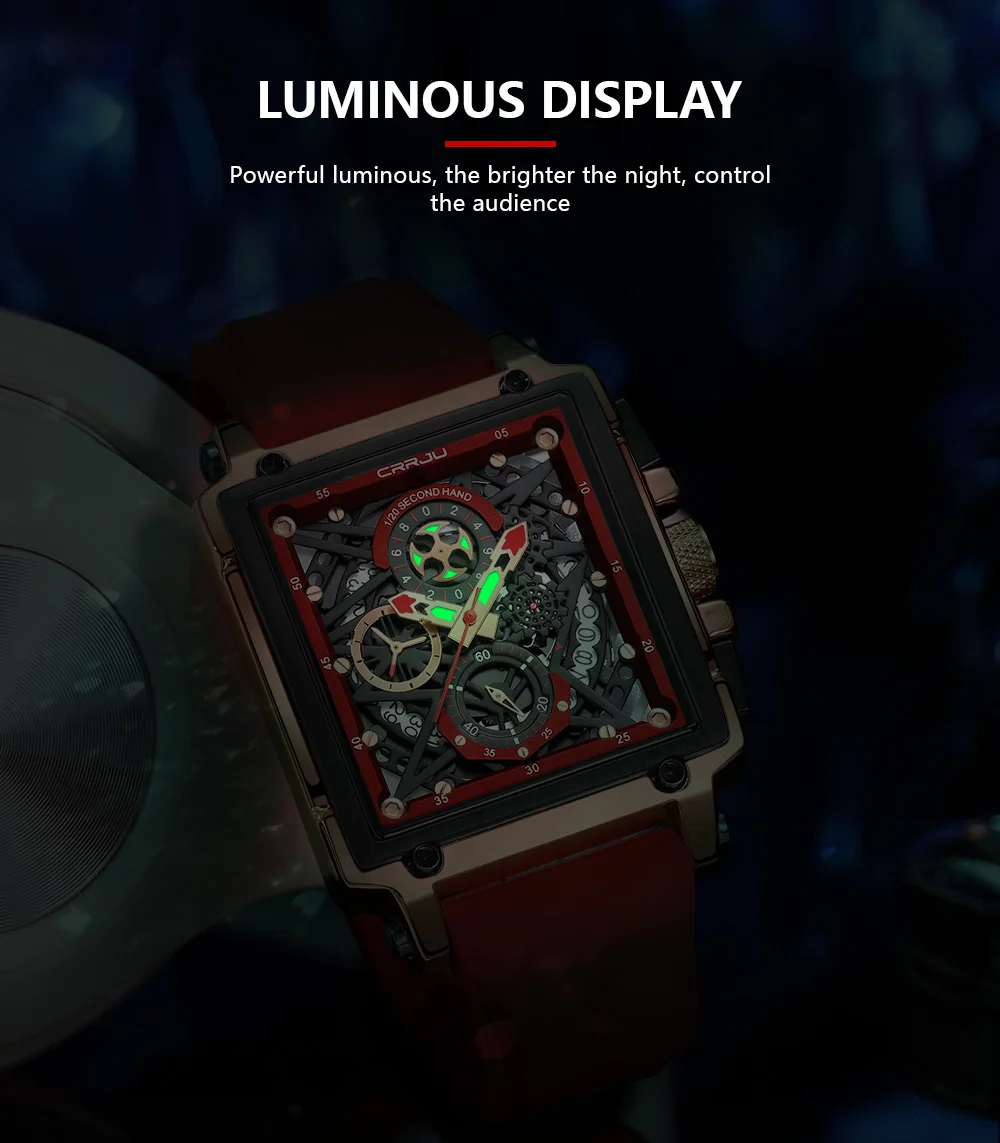 CRRJU Fashion Sports Watches with Large Dial Unique RectangularHollow Design Quartz Wristwatches with Chrongraph Auto Date