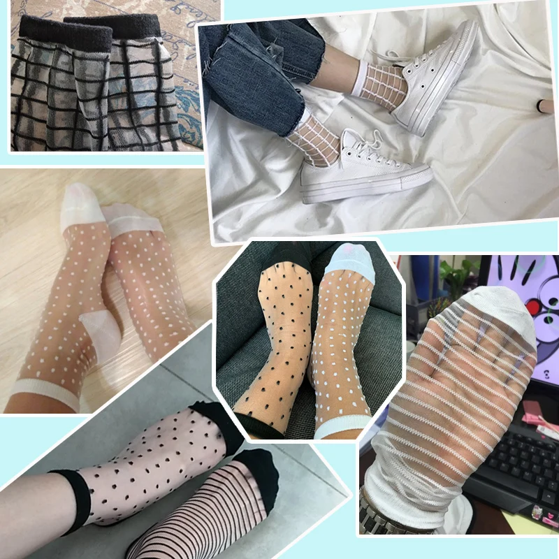 5 Pairs Women Ladies Socks Fashion Sheer Mesh Glass Silk Socks Ultrathin Transparent Crystal Lace Fabulous Elastic Summer Ankle