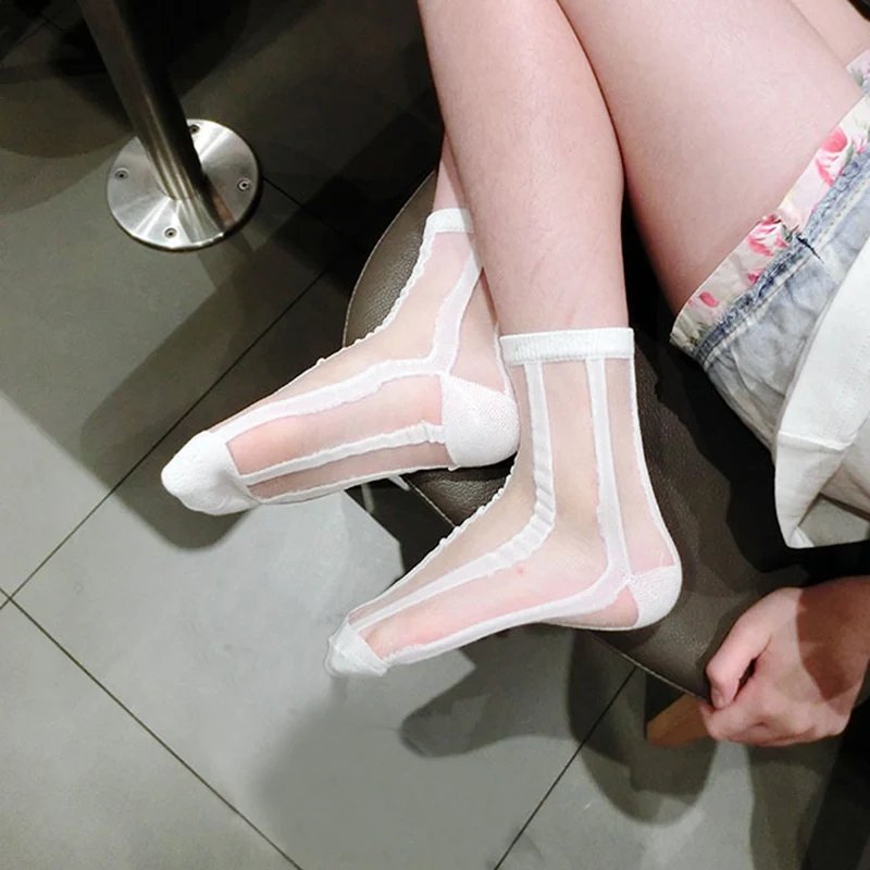 5 Pairs Women Ladies Socks Fashion Sheer Mesh Glass Silk Socks Ultrathin Transparent Crystal Lace Fabulous Elastic Summer Ankle