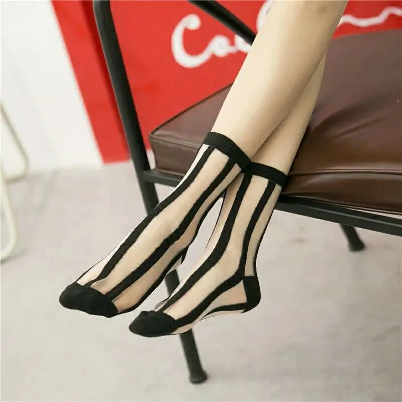 5 Pairs Women Ladies Socks Fashion Sheer Mesh Glass Silk Socks Ultrathin Transparent Crystal Lace Fabulous Elastic Summer Ankle