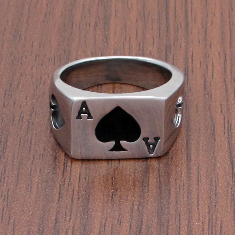 Punk Size 6-14# Silver Color Black Ace of Spades Ring  316L Stainless Steel Classic Poker Heart Letter A Rings
