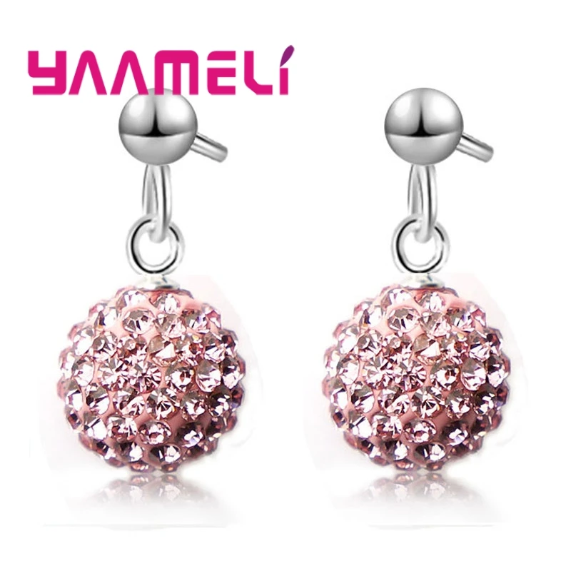 Hot Sale 925 Sterling Silver Earrings Austrian Crystal Pave Disco Ball Hoop Lever Back Huggie Pendientes Women Girls Jewelry
