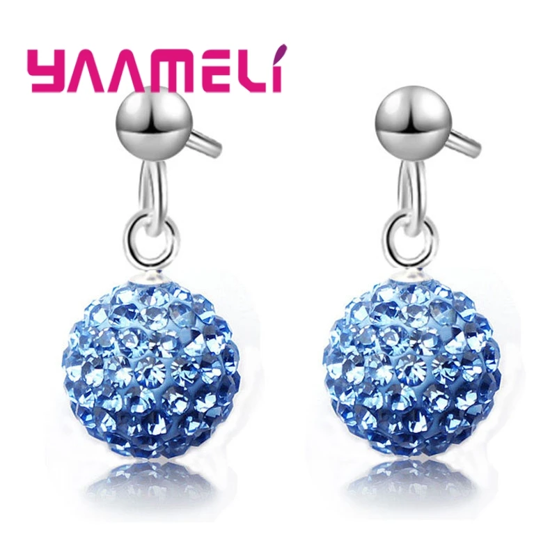 Hot Sale 925 Sterling Silver Earrings Austrian Crystal Pave Disco Ball Hoop Lever Back Huggie Pendientes Women Girls Jewelry