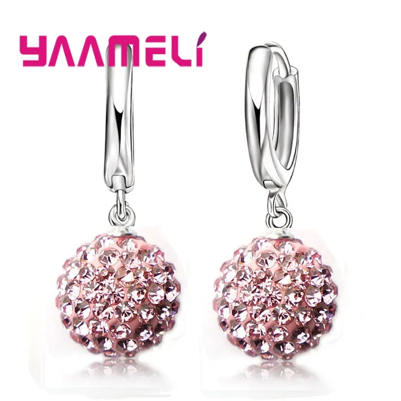 Hot Sale 925 Sterling Silver Earrings Austrian Crystal Pave Disco Ball Hoop Lever Back Huggie Pendientes Women Girls Jewelry