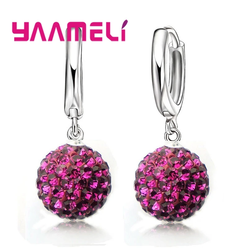 Hot Sale 925 Sterling Silver Earrings Austrian Crystal Pave Disco Ball Hoop Lever Back Huggie Pendientes Women Girls Jewelry