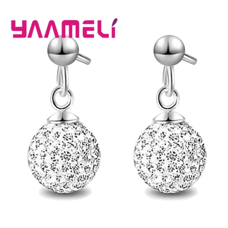 Hot Sale 925 Sterling Silver Earrings Austrian Crystal Pave Disco Ball Hoop Lever Back Huggie Pendientes Women Girls Jewelry