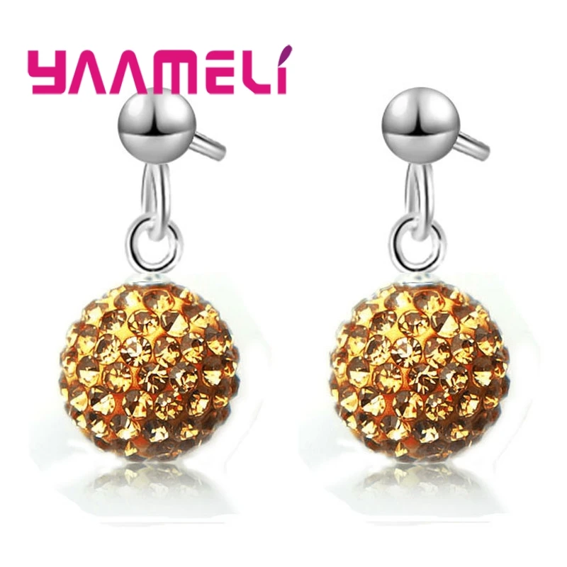 Hot Sale 925 Sterling Silver Earrings Austrian Crystal Pave Disco Ball Hoop Lever Back Huggie Pendientes Women Girls Jewelry