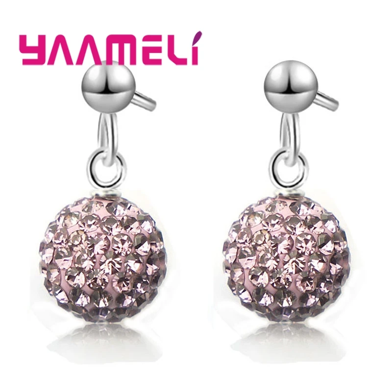 Hot Sale 925 Sterling Silver Earrings Austrian Crystal Pave Disco Ball Hoop Lever Back Huggie Pendientes Women Girls Jewelry