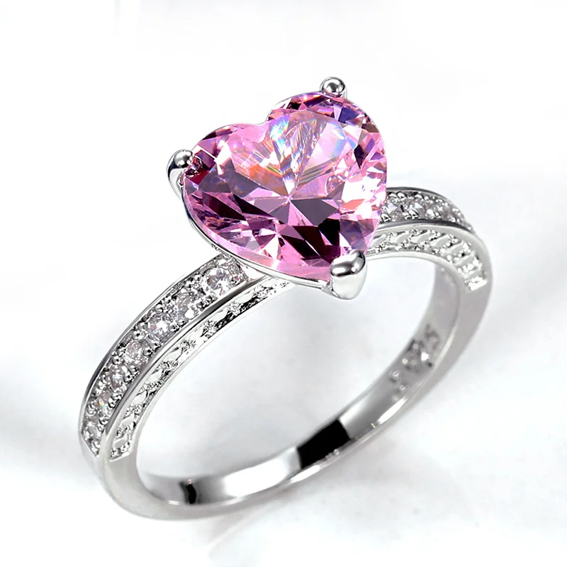 Huitan Luxury Solitaire Women Heart Engagement Rings AAA Pink Cubic Zirconia Proposal Rings For Girlfriend Anniversary Gift