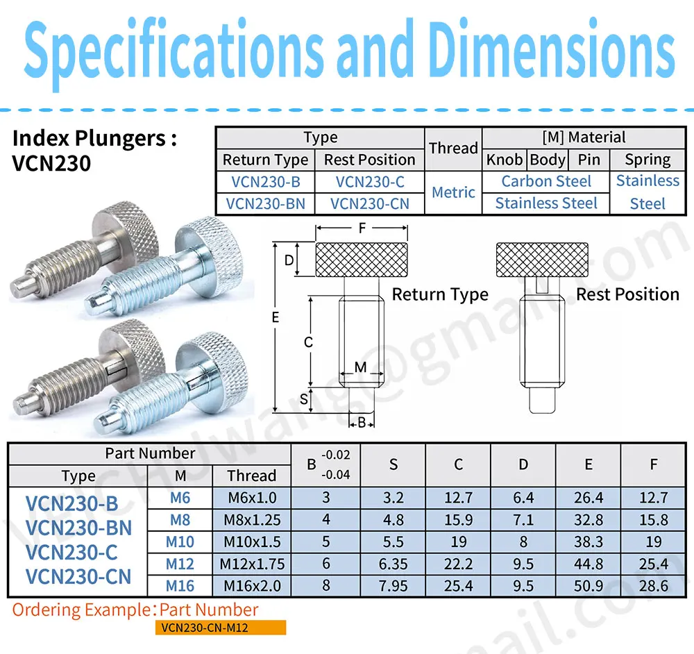 VCN230-BN M6/8/10/12/16 All Stainless Steel Spring Screw Bolts Knurled Knob Index Plungers