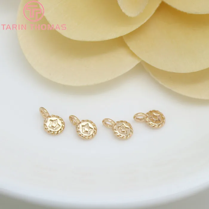 (824)10PCS 4.5x7MM 24K Champagne Gold Color Plated Brass Small Round Star Charms High Quality Diy Jewelry Accessories