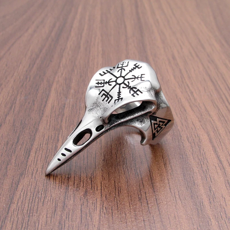 Punk 316L Stainless Steel Men‘s Viking Norse Mythology Odin Crow Raven Ring Nordic Amulet Compass Jewelry Gifts