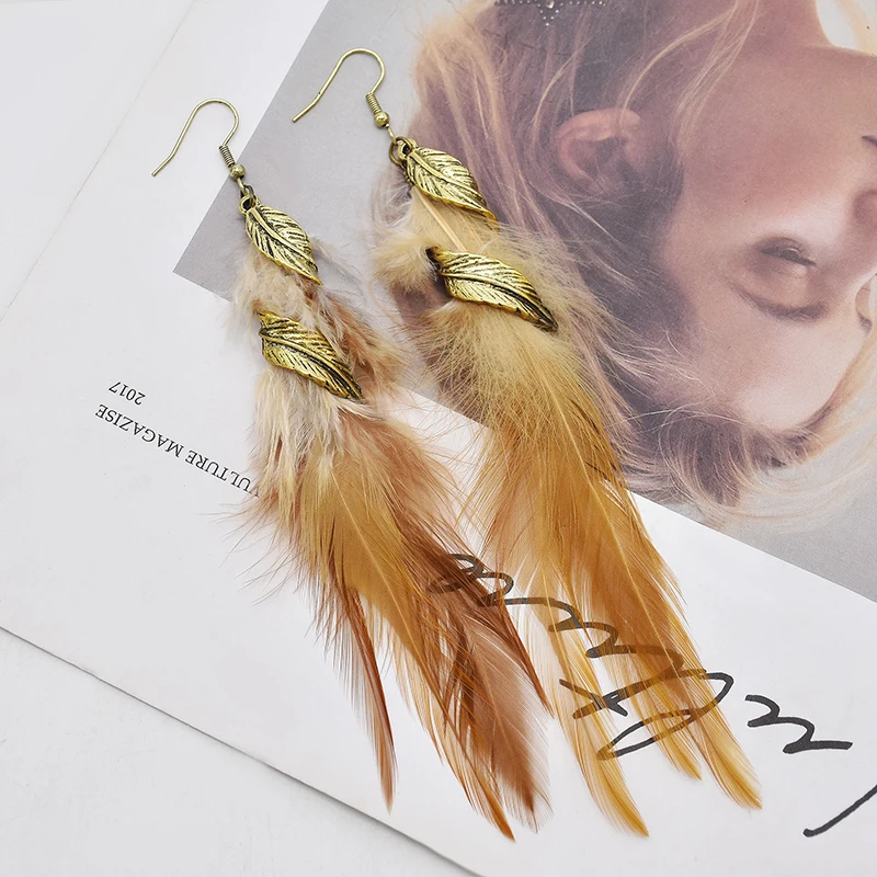 Bohemian Vintage Long Exaggerated Irregular Feather Earrings for Women Ethnic Gold Color Twist Leaf Asymmetry Earrings Jewelry