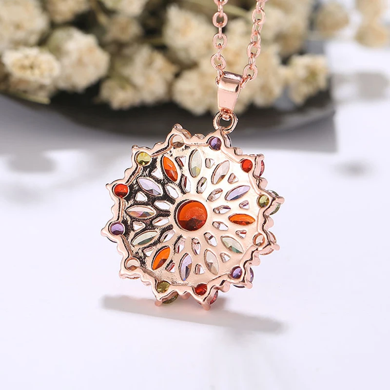 Women's Fashion Shiny Colorful Zircon Pendant Necklaces Multicolor Flower Rose Gold Charming Necklace Pendants Jewelry Best Gift