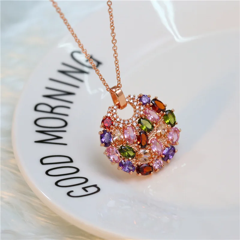 Women's Fashion Shiny Colorful Zircon Pendant Necklaces Multicolor Flower Rose Gold Charming Necklace Pendants Jewelry Best Gift