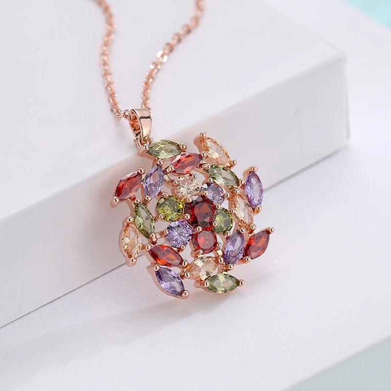 Women's Fashion Shiny Colorful Zircon Pendant Necklaces Multicolor Flower Rose Gold Charming Necklace Pendants Jewelry Best Gift