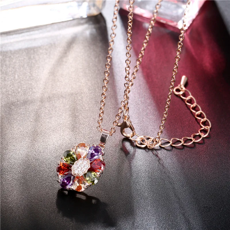 Women's Fashion Shiny Colorful Zircon Pendant Necklaces Multicolor Flower Rose Gold Charming Necklace Pendants Jewelry Best Gift