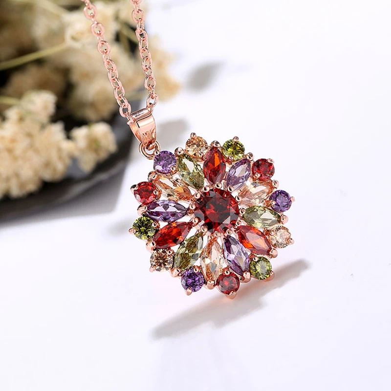 Women's Fashion Shiny Colorful Zircon Pendant Necklaces Multicolor Flower Rose Gold Charming Necklace Pendants Jewelry Best Gift
