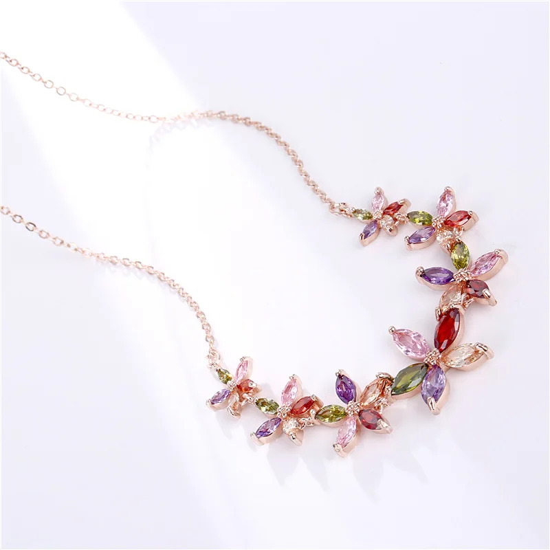 Women's Fashion Shiny Colorful Zircon Pendant Necklaces Multicolor Flower Rose Gold Charming Necklace Pendants Jewelry Best Gift