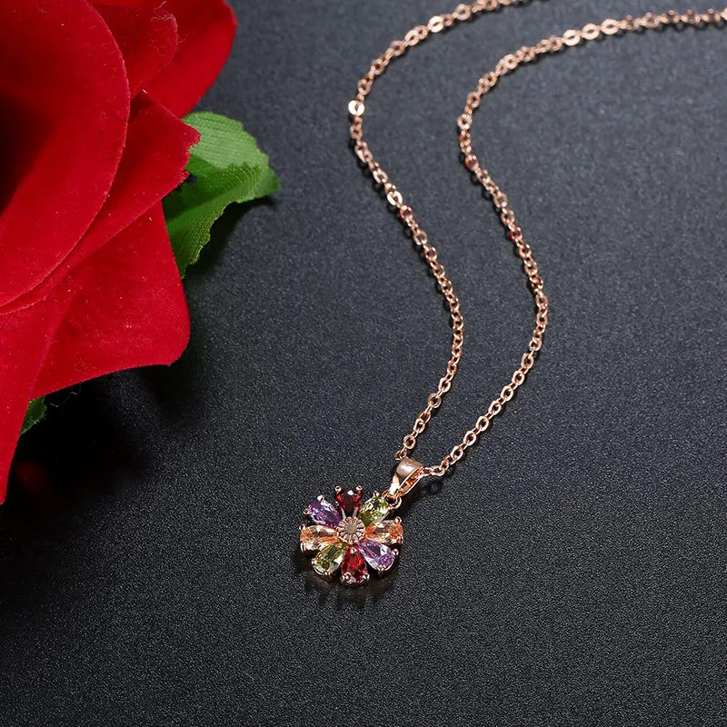 Women's Fashion Shiny Colorful Zircon Pendant Necklaces Multicolor Flower Rose Gold Charming Necklace Pendants Jewelry Best Gift
