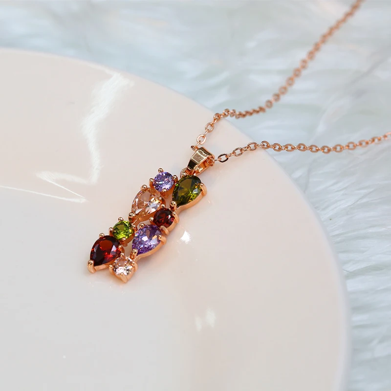 Women's Fashion Shiny Colorful Zircon Pendant Necklaces Multicolor Flower Rose Gold Charming Necklace Pendants Jewelry Best Gift