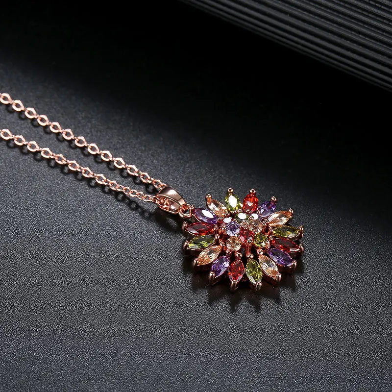 Women's Fashion Shiny Colorful Zircon Pendant Necklaces Multicolor Flower Rose Gold Charming Necklace Pendants Jewelry Best Gift