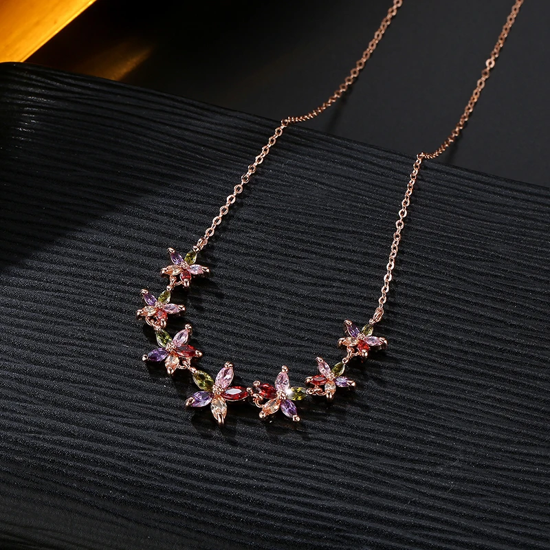 Women's Fashion Shiny Colorful Zircon Pendant Necklaces Multicolor Flower Rose Gold Charming Necklace Pendants Jewelry Best Gift