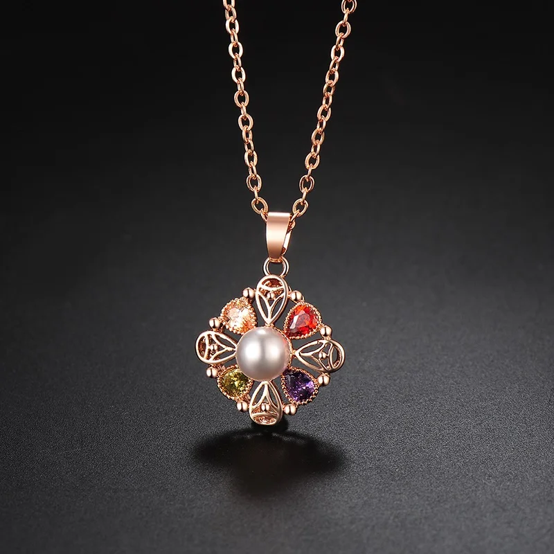 Women's Fashion Shiny Colorful Zircon Pendant Necklaces Multicolor Flower Rose Gold Charming Necklace Pendants Jewelry Best Gift