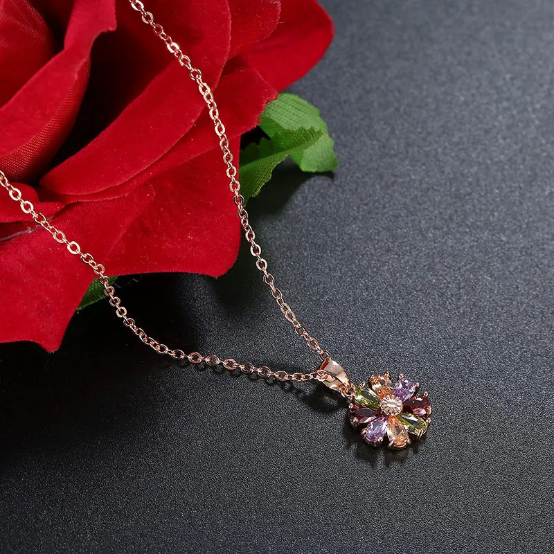 Women's Fashion Shiny Colorful Zircon Pendant Necklaces Multicolor Flower Rose Gold Charming Necklace Pendants Jewelry Best Gift