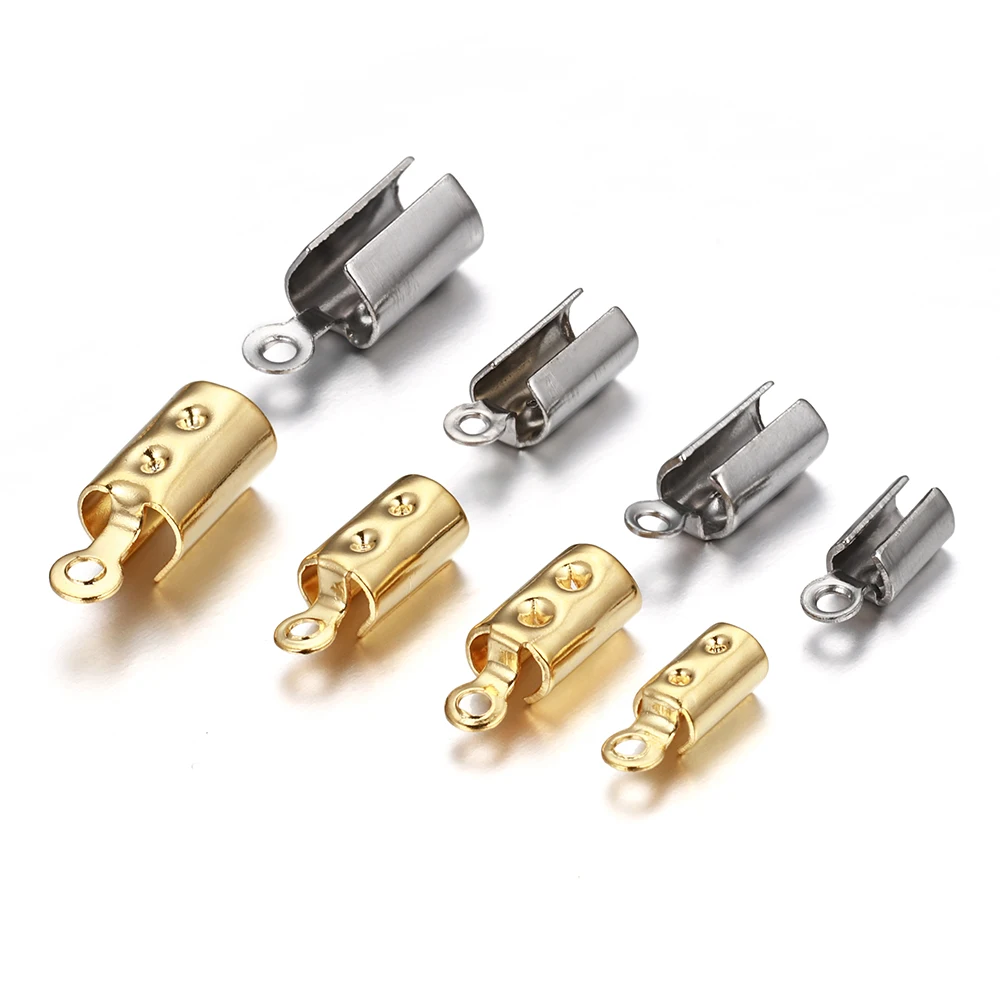 30pcs/lot Stainless Steel Cove Clasps Cord End Caps Leather Clip Tip Fold Crimp Bead Connectors For DIY Jewelry Making Findings