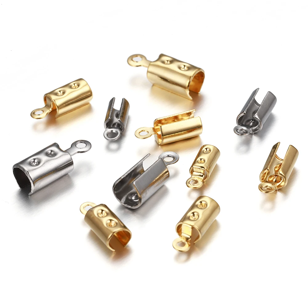 30pcs/lot Stainless Steel Cove Clasps Cord End Caps Leather Clip Tip Fold Crimp Bead Connectors For DIY Jewelry Making Findings
